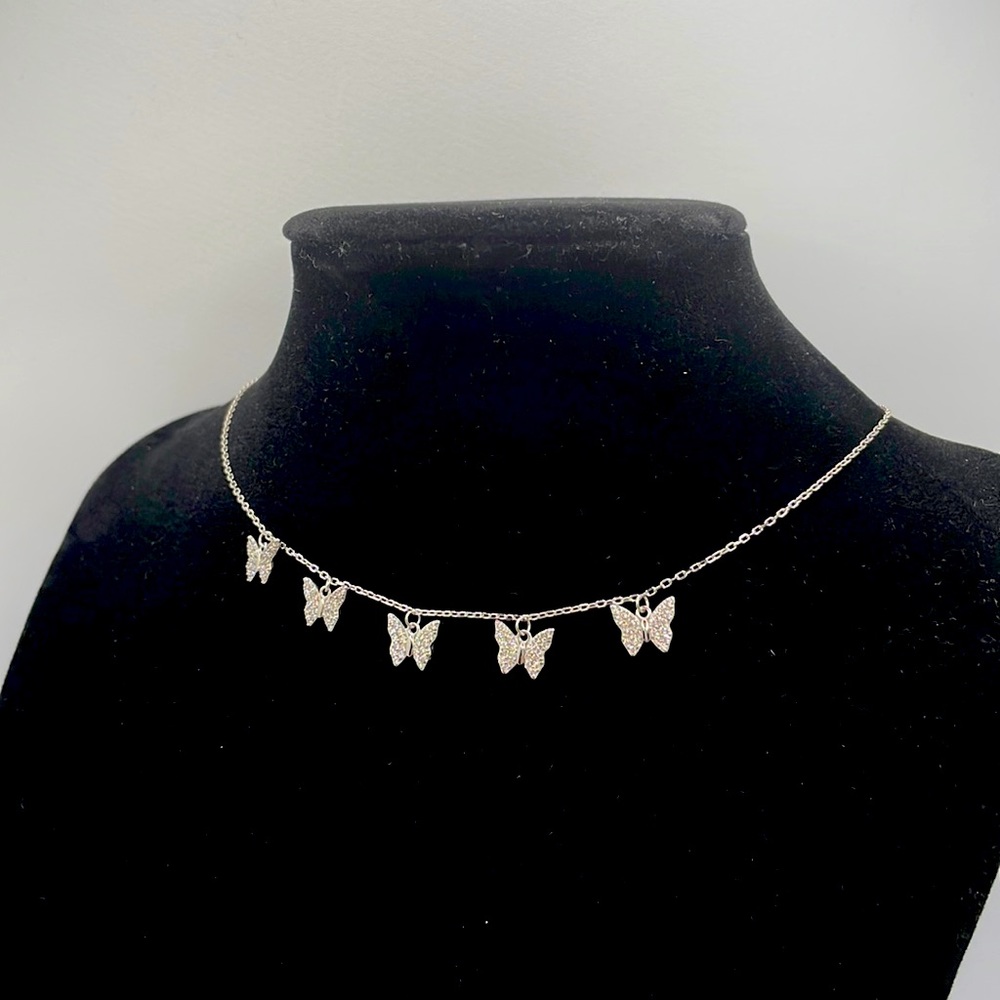 Sterling Silver Butterfly Necklace Choker with Pave Zirconia Gemstones